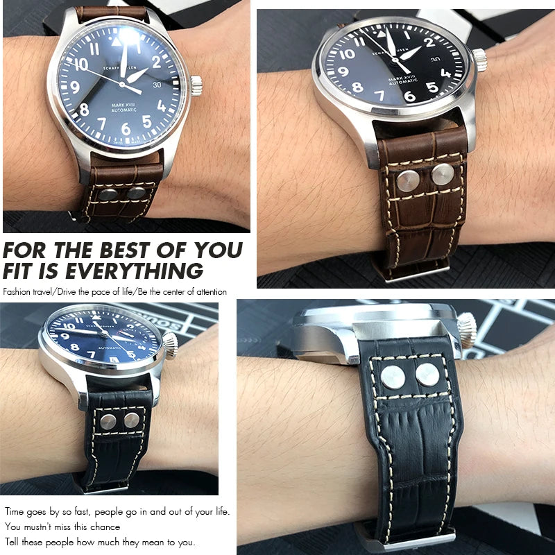 Bracelet de montre riveté en cuir véritable de vache, 20mm 21mm 22mm, pour IWC Big Pilot'S WATCHES marron, boucle pliante