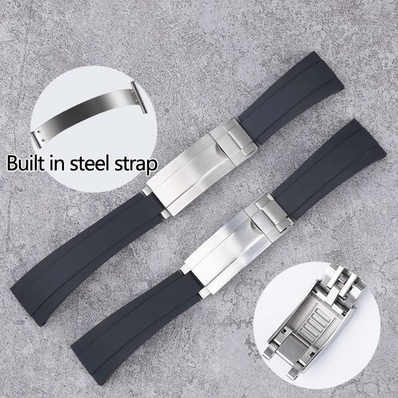 Cinturino per orologio in gomma fluorurata nera, lamiera d'acciaio da 20mm, per Rolex Stap, per Submariner OYSTERFLEX Yacht Master Datejust, cinturino in gomma