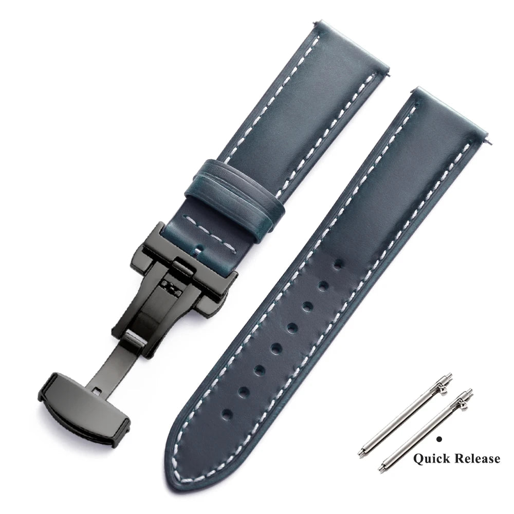 Bracelet de montre Vintage en cuir ciré à l'huile, 18mm 20mm 22mm, couche de tête universelle en cuir de vache, accessoires de Bracelet à boucle papillon