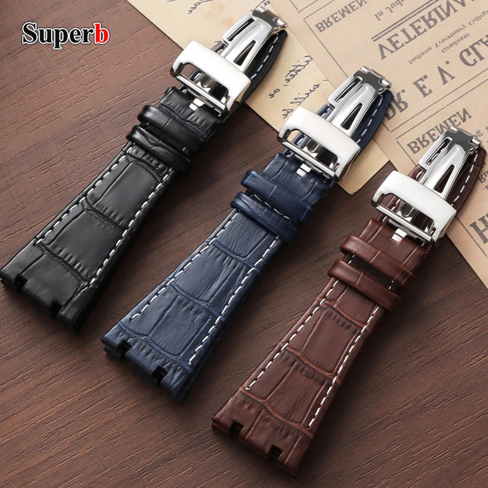 Soft Cowhide Leather Watch Strap for Audemars Piguet Royal Oak Offshore AP 15400 15703, Sweat Resistant, for Men and Women, Folding Buckle
