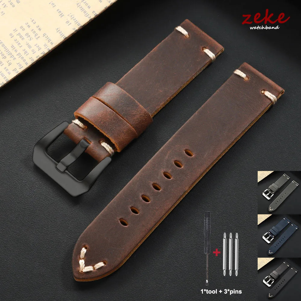 Hand-stitched cowhide leather watch strap, vintage business style, 18mm, 20mm, 22mm, 24mm, 26mm, soft leather strap for men