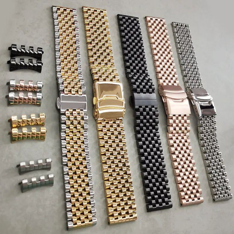 Cinturino universale in acciaio inossidabile, estremità diritta curva, sette perle di riso, bracciale, adatto a tutti gli orologi, 20 mm, 22 mm