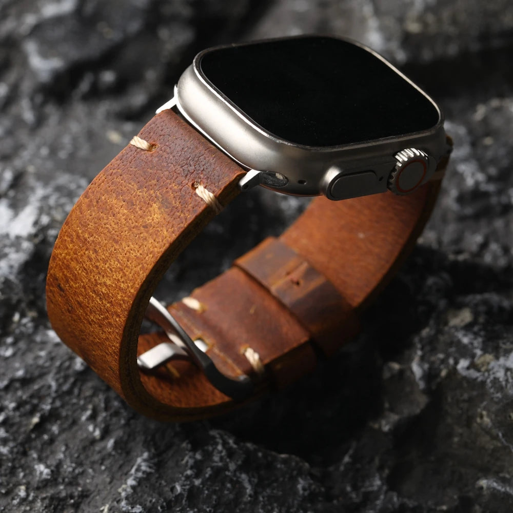 Bracciale in pelle bovina da uomo fatto a mano strato superiore, stile retrò per iWatch Apple Watch Ultra 2 49MM 45MM 44MM 42MM, cinturino spesso marrone