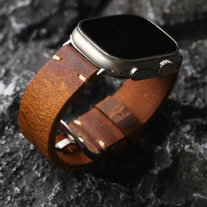 Bracciale in pelle bovina da uomo fatto a mano strato superiore, stile retrò per iWatch Apple Watch Ultra 2 49MM 45MM 44MM 42MM, cinturino spesso marrone