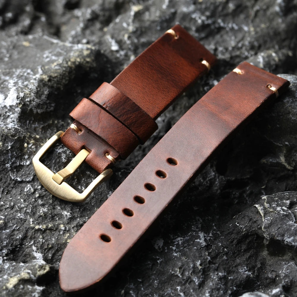 Bracelet en cuir de vache marron avec boucle en Bronze pur chromé cxl fait à la main, 20MM 22MM 24MM 26MM, bracelet épais pour montre en Bronze de Style Vintage