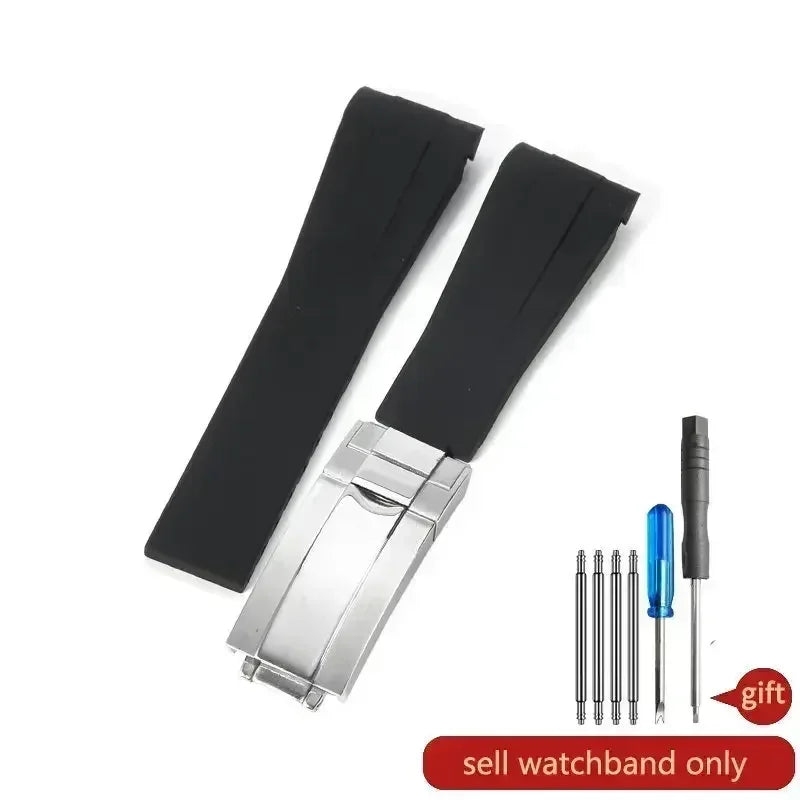 High-quality silicone watch strap in colorful styles (black, green, red, blue, white), with a curved interface for Rolex Datejust Submariner straps.