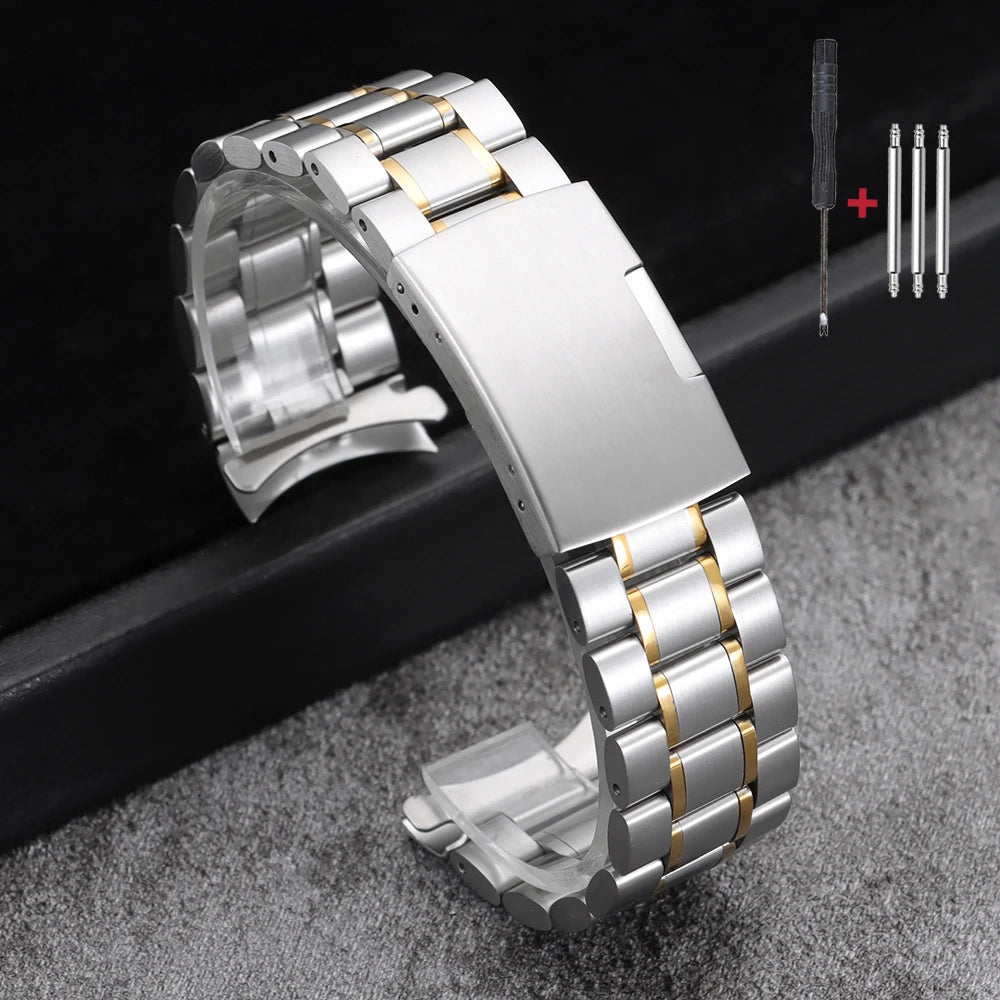 16mm 18mm 20mm 22mm 24mm extrémité droite incurvée Bracelet de montre en acier inoxydable argent or noir métal fermoir pliant Bracelet avec outil