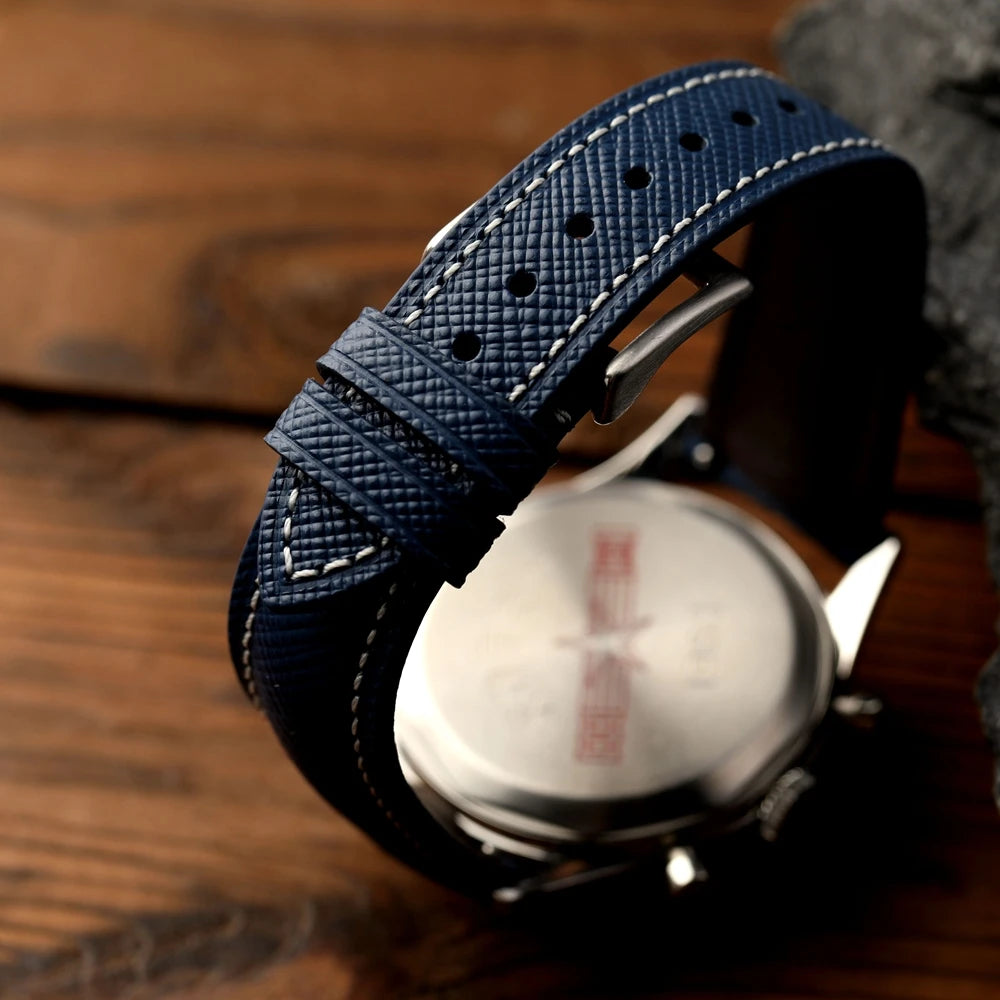 Cinturino per orologio in pelle bovina con motivo incrociato fatto a mano, cinturino in pelle curvo da 18 19 20 mm, braccialetto da uomo in stile retrò a sgancio rapido, blu nero