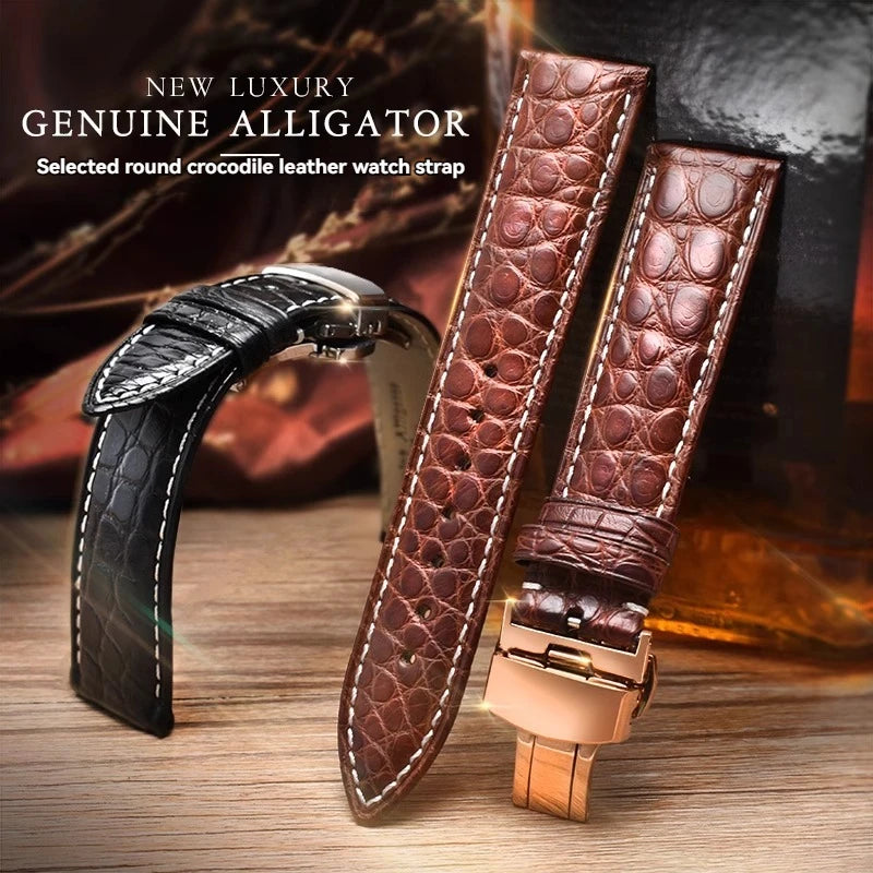 Bracelet en peau de crocodile véritable pour homme et femme, bracelet en alligator, fermoir papillon, Longines, Omega, Mido, Tissot, Rossini, 16mm, 18mm, 20mm, 22mm