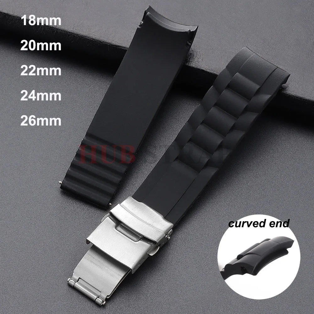 18mm 20mm 22mm 24mm 26mm Curved End Silicone Watch Band Folding Buckle Sport Strap for Men Women Replacement Bracelets