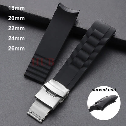 18mm 20mm 22mm 24mm 26mm Curved End Silicone Watch Band Folding Buckle Sport Strap for Men Women Replacement Bracelets