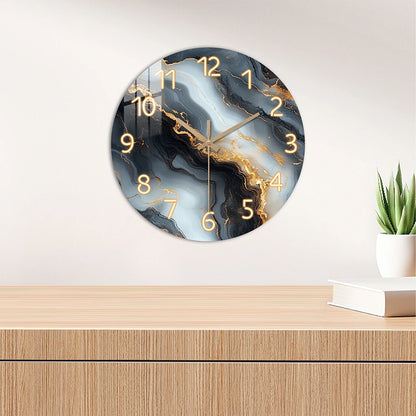 1-piece wooden wall clock, fantasy theme - blue and gold marble textured pattern, silent clock with tempered film veneer, suitable