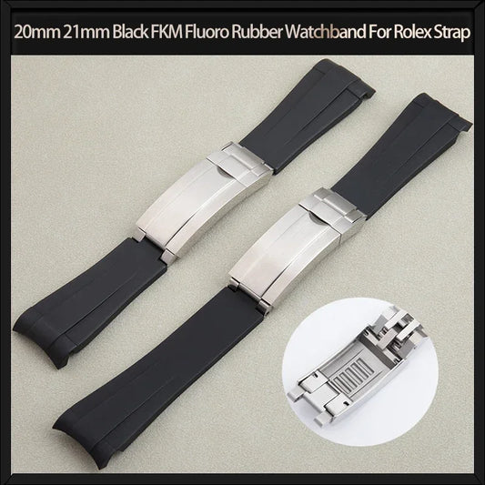 Cinturino per orologio in gomma fluorurata FKM nera morbida da 20 mm 21 mm per bracciale Rolex Submariner 40/41 mm con fibbia scorrevole