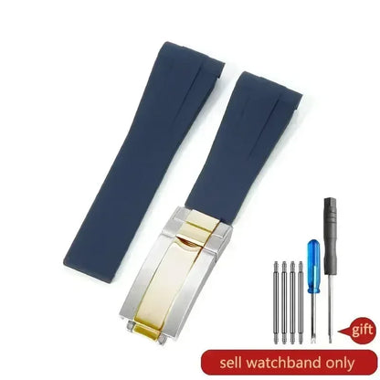 High-quality silicone watch strap in colorful styles (black, green, red, blue, white), with a curved interface for Rolex Datejust Submariner straps.