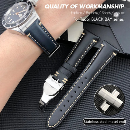 Cinturino per orologio in pelle bovina con estremità curve in metallo da 22 mm a sgancio rapido per Tudor 41 mm Black Bay GMT Vintage, cinturino per orologio fatto a mano da uomo