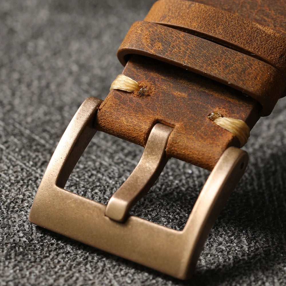 Handmade Top Layer Cowhide Leather Strap, Black Brown Bronze Watchband 19 20 21 22MM, Pure Copper Bezel, Bronze Watch Accessories