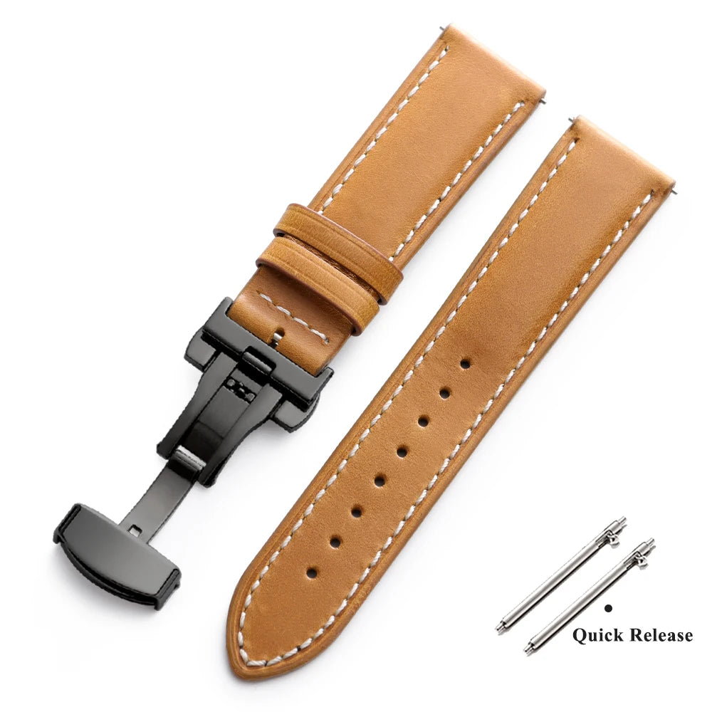 Bracelet de montre Vintage en cuir ciré à l'huile, 18mm 20mm 22mm, couche de tête universelle en cuir de vache, accessoires de Bracelet à boucle papillon