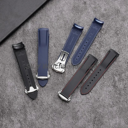 Bracelet de montre en Silicone 20mm 22mm, noir bleu, en caoutchouc, extrémité incurvée, étanche, pour hommes et femmes, pour Omega Seamaster 300