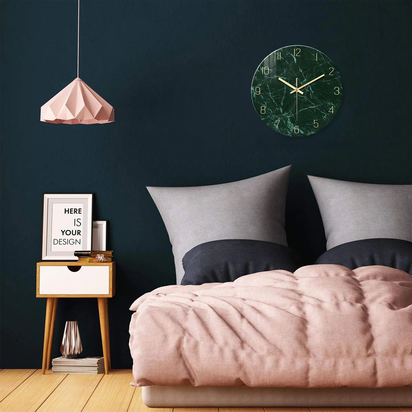 Orologio da parete personalizzato con motivo a texture effetto marmo verde scuro in vetro temperato per soggiorno, camera da letto, cucina, decorazione per la casa, orologio al quarzo silenzioso, regalo per le feste, 12 pollici, 14 pollici, 16 pollici