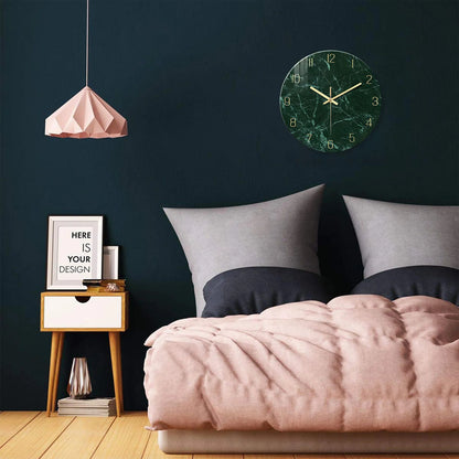 Orologio da parete personalizzato con motivo a texture effetto marmo verde scuro in vetro temperato per soggiorno, camera da letto, cucina, decorazione per la casa, orologio al quarzo silenzioso, regalo per le feste, 12 pollici, 14 pollici, 16 pollici