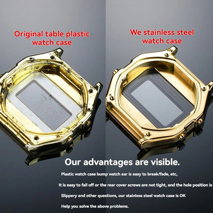 Boîtier de lunette métallique en acier inoxydable + Kit de bracelet pour Casio F91W/A158/A159 – Bracelet de montre et outils de remplacement personnalisés (argent/noir/or)