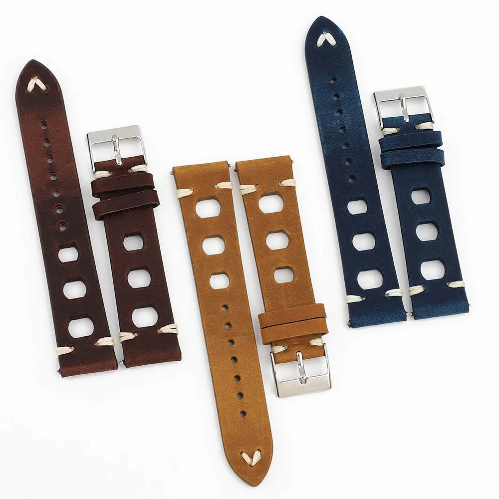 Men's Retro Crazy Horse Leather Watch Strap, 18mm 19mm 20mm 21mm 22mm, Three-Hole, Quick Release