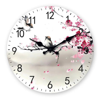 Art moderne Aquarelle Branches de fleurs de cerisier avec deux motifs d'oiseaux Horloge murale en bois Salon Chambre Cuisine Décoration de la maison Horloge murale Horloge à quartz silencieuse Cadeau de vacances 10 pouces 1