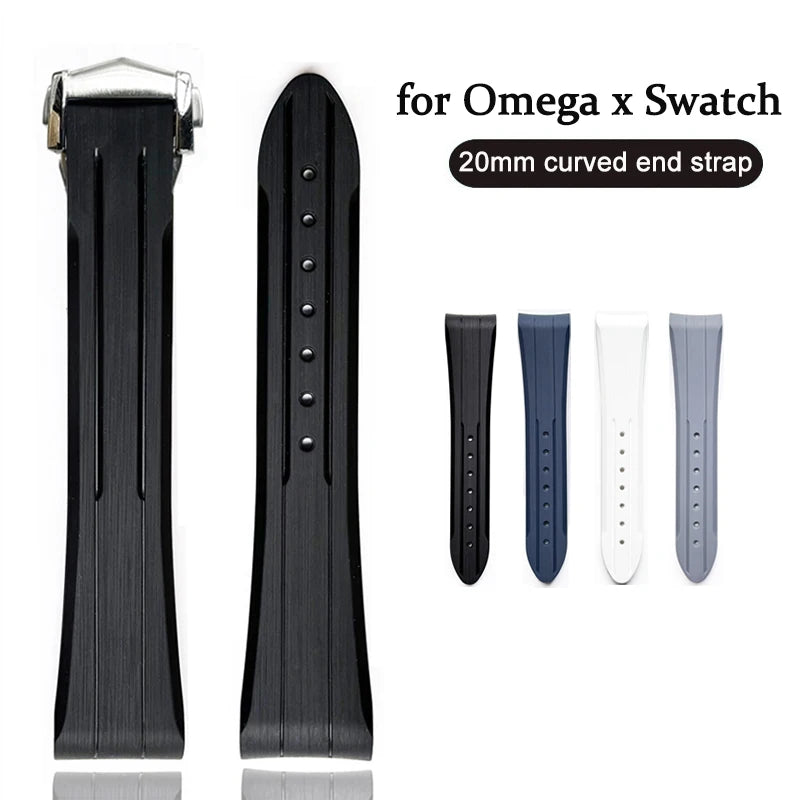 20 mm Kautschukarmband für Omega X Swatch MoonSwatch, Faltschließe, gebogenes Ende, Ersatzarmband für Speedmaster Moonwatch