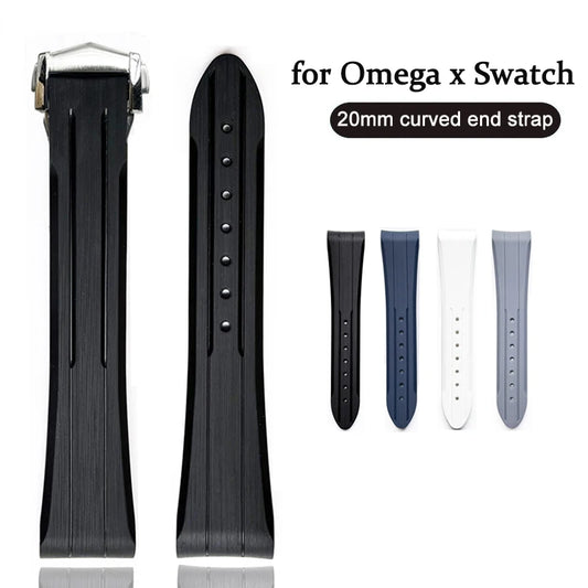 Bracelet en caoutchouc de 20mm pour Omega X Swatch MoonSwatch, boucle pliante, extrémité incurvée, Bracelet de remplacement pour montre Speedmaster Moon
