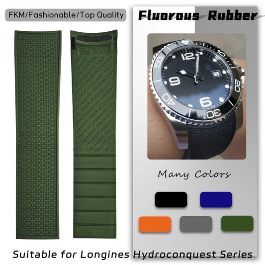 Cinturino per orologio in gomma fluorurata FKM da 21 mm, di alta qualità, per Longines Hydroconquest L3.781 782 742 Conquest L3, cinturino per orologio da immersione sportivo