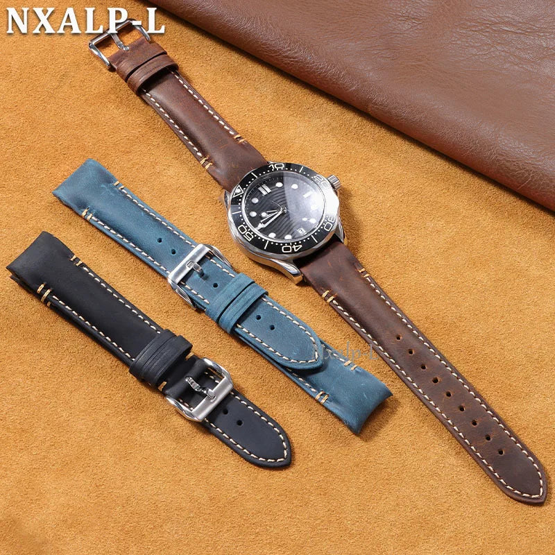 High Quality Oiled Cowhide Leather Watch Strap 20mm 22mm Curved End Handmade for Omega, Rolex, Universal Bracelet