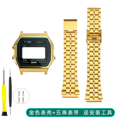 Boîtier de lunette métallique en acier inoxydable + Kit de bracelet pour Casio F91W/A158/A159 – Bracelet de montre et outils de remplacement personnalisés (argent/noir/or)