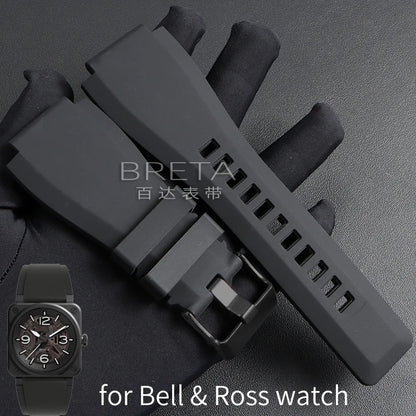 22mm 24mm Silicone Watch Strap for Bell Ross BR01 BR03 Convex Rubber Watch Band Replacement Straps Diving Bracelet for Outdoor Sports