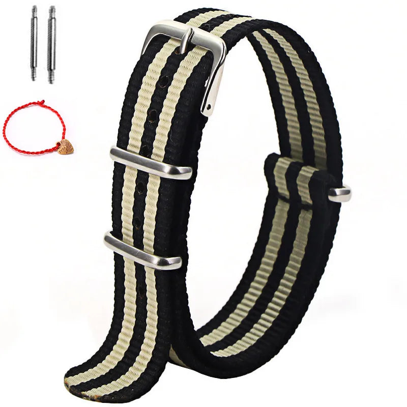 Bracelet de montre à rayures de remplacement pour hommes et femmes, en Nylon, avec boucle ardillon argentée, 16MM 18MM 20MM 22MM, bracelet à dégagement rapide