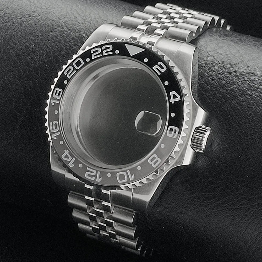 Nouveau 40.5mm GMT fit NH-34 boîtier en argent lunette peut tourner dans les deux directions saphir boîtier de montre étanche pièces de montre accessoires