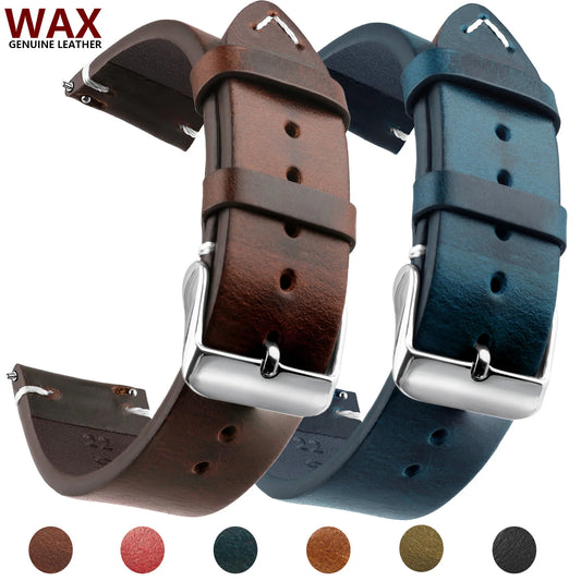 Bracelet de montre en cuir véritable de cire, bracelets de montre à dégagement rapide 18mm/19mm/20mm/21mm/22mm/24m, pour Samsung, Seiko, Oris, montre citoyen