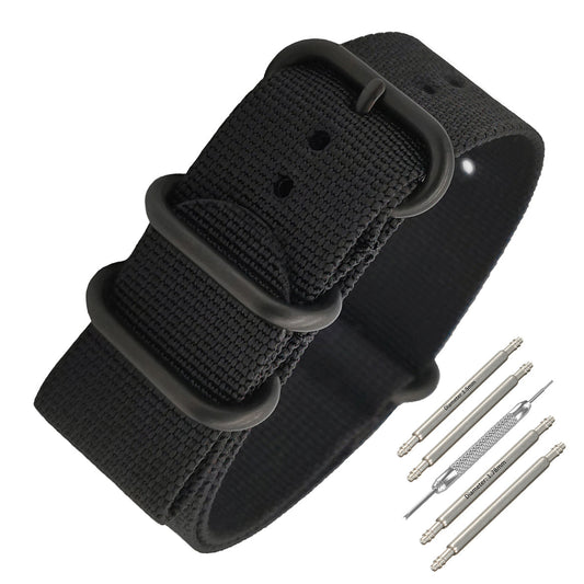 Masar ZULU Bracelet Nato 21mm Nylon - Noir / Full Black - Homme - Strap Raide et épais 2mm