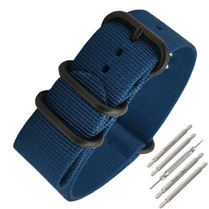Masar ZULU Bracelet Nato 18mm Nylon - Bleu / Boucle Noir - Homme - Strap Raide et épais 2mm