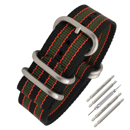 Masar ZULU Bracelet Nato 20mm James Bond Nylon - Noir / Rouge / Vert Boucle Satin - Homme - Strap Raide et épais 2mm