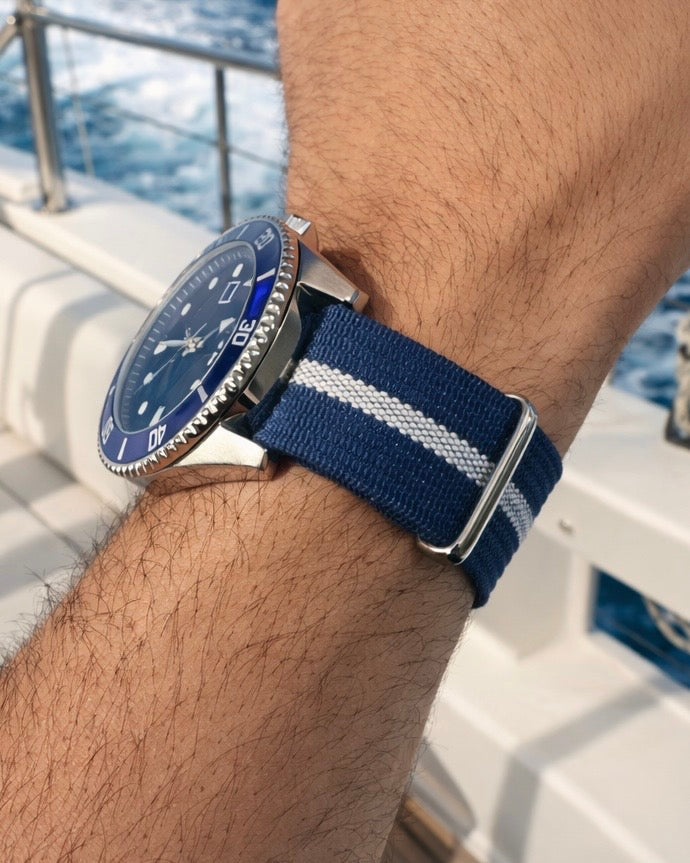 Masar Nato Bleu Marine Blanc - Hybride Tissu Nylon / Silicone
