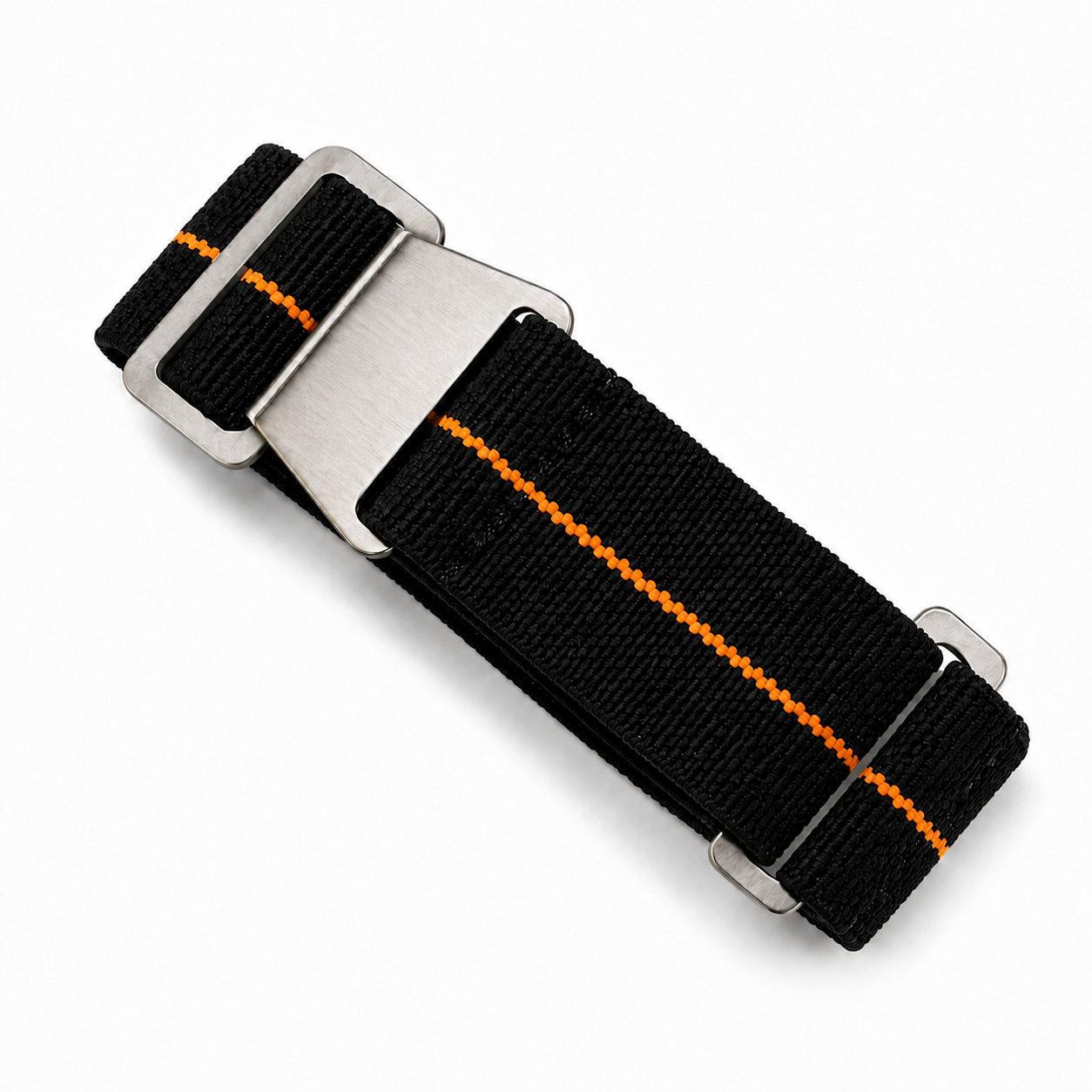 PLD Fallschirm-Uhrenarmband in Grau mit orangefarbenem Mittelstreifen aus elastischem Nylon und gebürsteter Edelstahlschließe für Militär- und Taucheruhren.