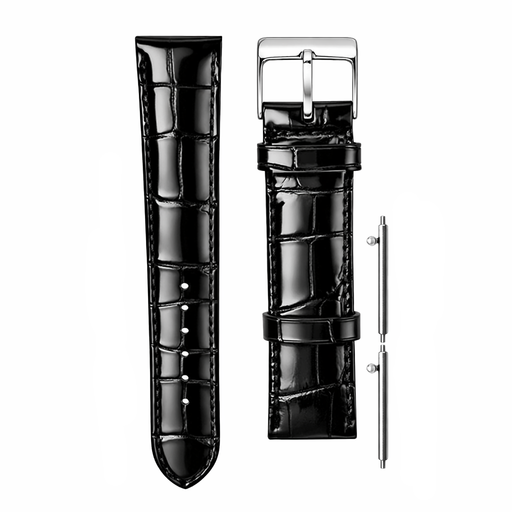 Cinturino per Orologio in Pelle Italiana Nera - Sgancio Rapido, Grana Coccodrillo - Alta Lucentezza