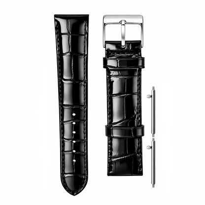 Cinturino per Orologio in Pelle Italiana Nera - Sgancio Rapido, Grana Coccodrillo - Alta Lucentezza