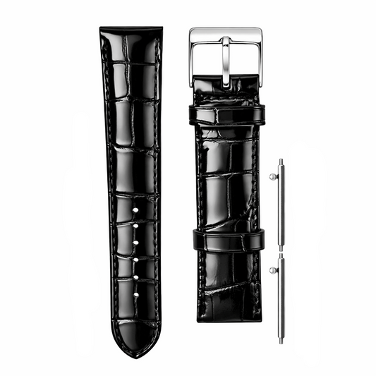 Cinturino per Orologio in Pelle Italiana Nera - Sgancio Rapido, Grana Coccodrillo - Alta Lucentezza