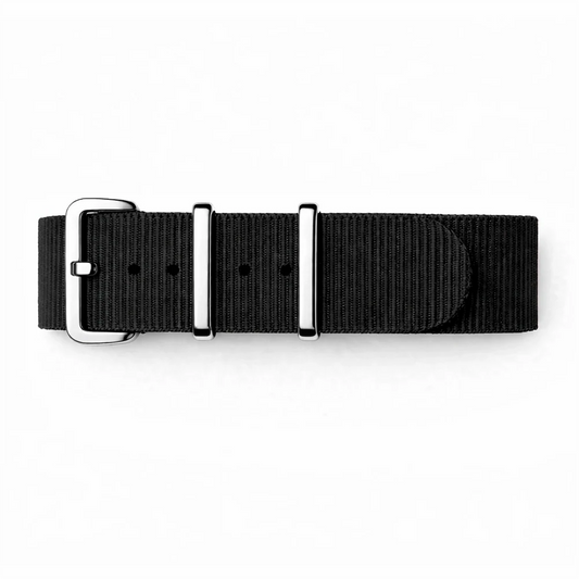 Black NATO Watch Strap / Polished Silver Mirror Buckle