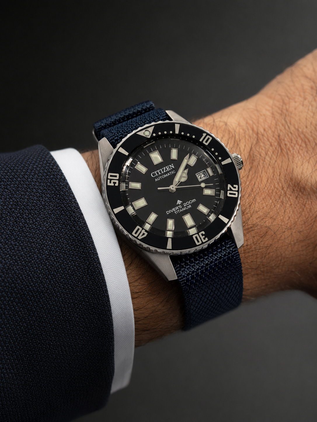 Blue NATO watch strap fitted to a Citizen Promaster Diver 200M Titanium watch.