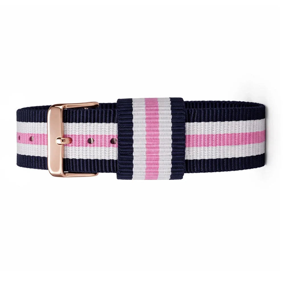 Masar Bracelet Montre NATO Nylon Bleu-Blanc-Rose Southampton - Boucle Doré Or Rose