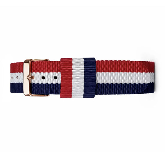 Masar NATO Nylon Watch Strap, Blue-White-Red - Cambridge - Rose Gold Buckle
