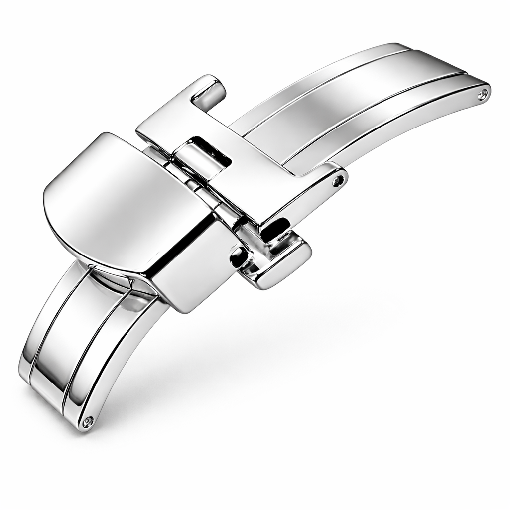 Fibbia Deployante Bracciale Orologio - Chiusura a Farfalla Bottoni Stretti - Lucido a Specchio Argento - 1 Pezzo