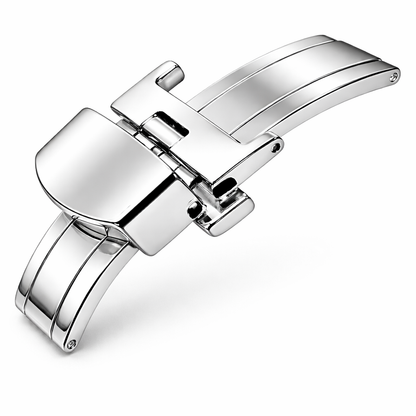 Fibbia Deployante Bracciale Orologio - Chiusura a Farfalla Bottoni Stretti - Lucido a Specchio Argento - 1 Pezzo